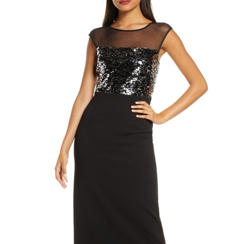 Vince Camuto Sequin & Mesh Bodice Column Dress
